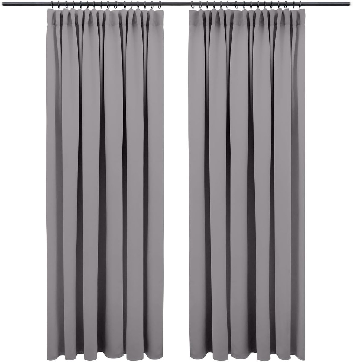 Verduisteringsgordijnen met plooiband - 215 x 132 cm set van 2 - OEKO-TEX gecertificeerde verduisterende gordijnen - Verduisteringsgordijn - Donkergrijs