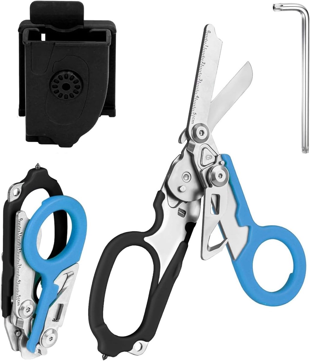 Traumaschaar, 6-in-1, opvouwbaar, traumaschaar, noodschaar, verbandschaar met K-beschermhoes, moersleutel voor professionele reddingsdiensten, outdoor, camping (zwart en blauw)