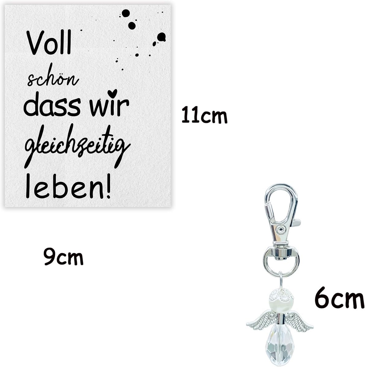 Ansichtkaart met spreuk "voll schön dass wir gleichzeitig leben", cadeau voor beste vriendin, met engelhanger, wit