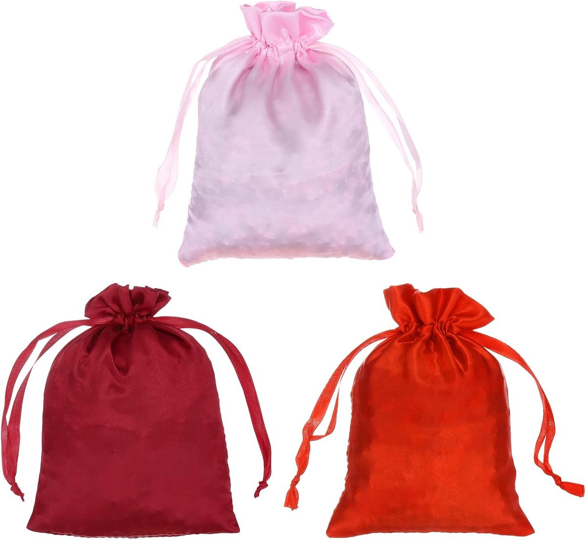 Satijnen zakken met trekkoord, 3-pack 16x22 cm bruiloft gunst tas mini cadeau verpakking zakken voor verjaardag kerst sieraden feest, bordeaux
