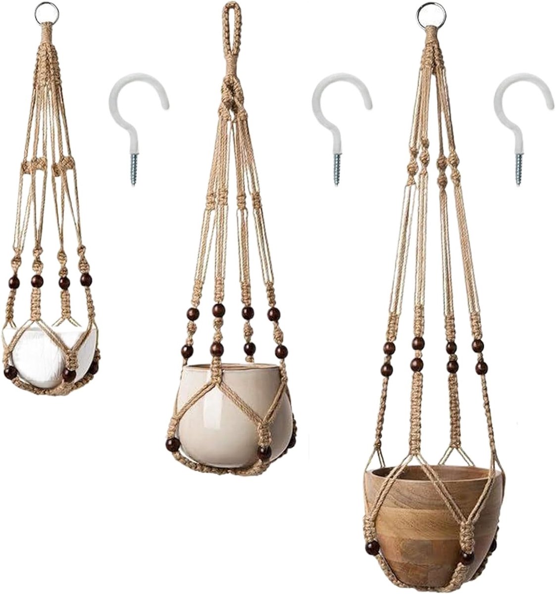 Plantensteunen van Macramé - Naturel - 58/74/89 cm - Handgeweven Katoen - Voor Binnen en Buiten