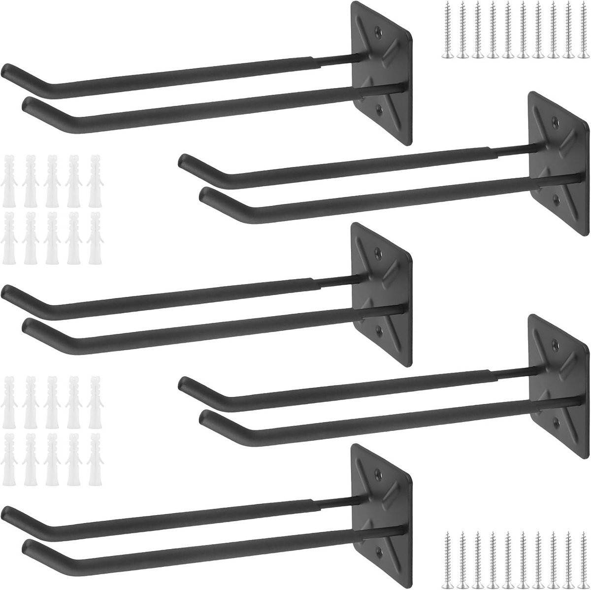 Set van 5 stevige wandhaken voor het ophangen van gereedschap, fietsen en ladders, zwart, 31,5 x 10,5 x 10 cm