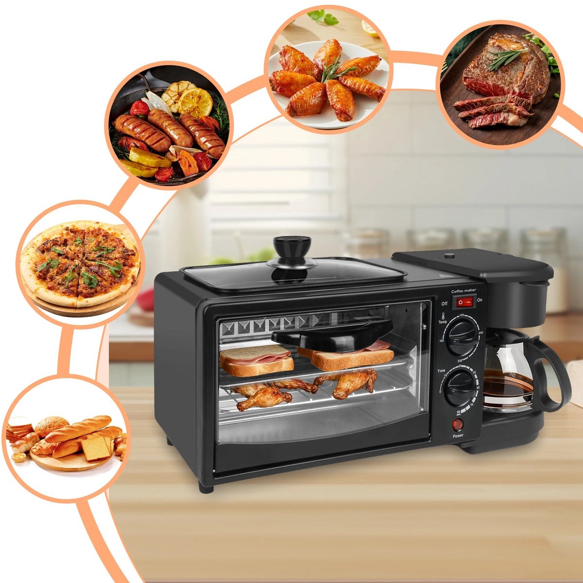 Velmio Ontbijtstation - 3-in-1 Ontbijtmaker - Koffiezetapparaat, 9L Oven & Koekenpan - voor Filter Koffie - Compact Design - Keukenmachine - 1050W - Zwart