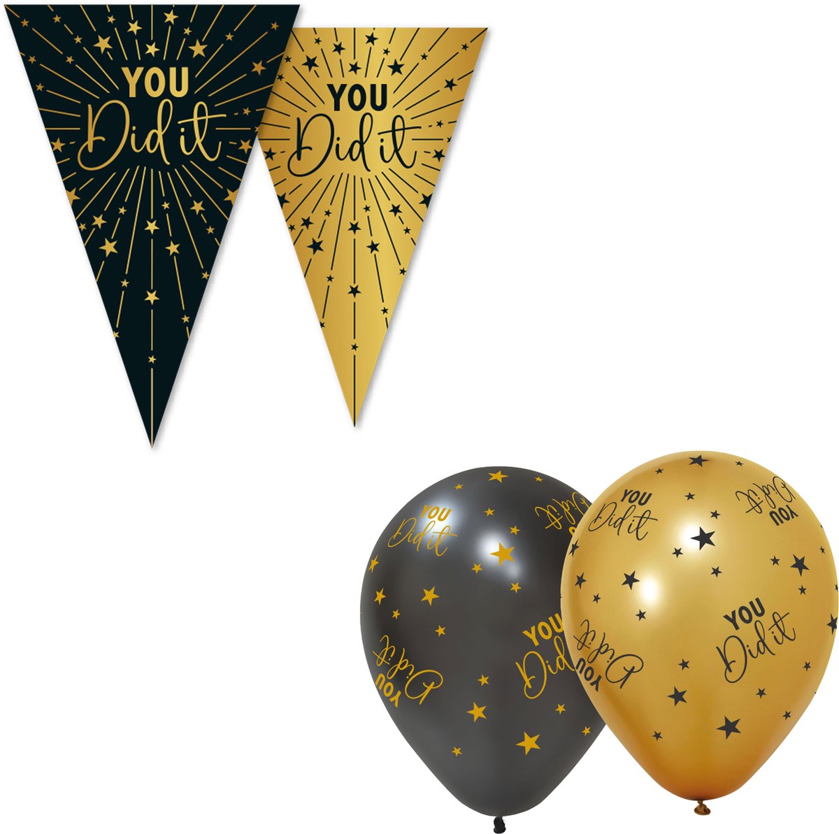 Black & Golden Celebrations Feestpakket XXL - Geslaagd ' You did it! ' - Versiering Set met 6x Vlaggenlijn en 12x Ballonnen - Zwart & Goud