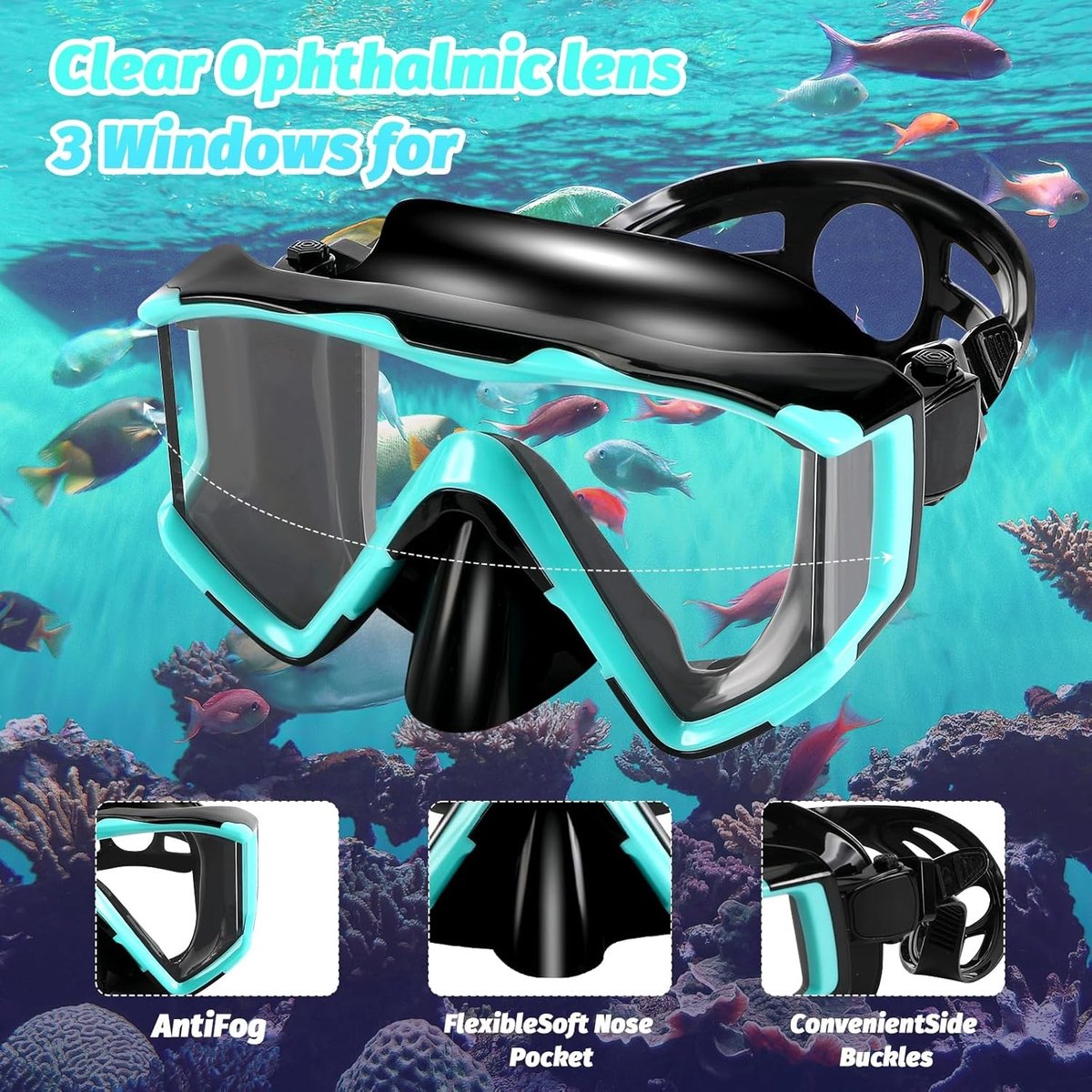 Snorkelset voor Volwassenen - Zwart/Groen - Met Droge Snorkel en Panorama Duikbril - Voor Snorkelen en Duiken