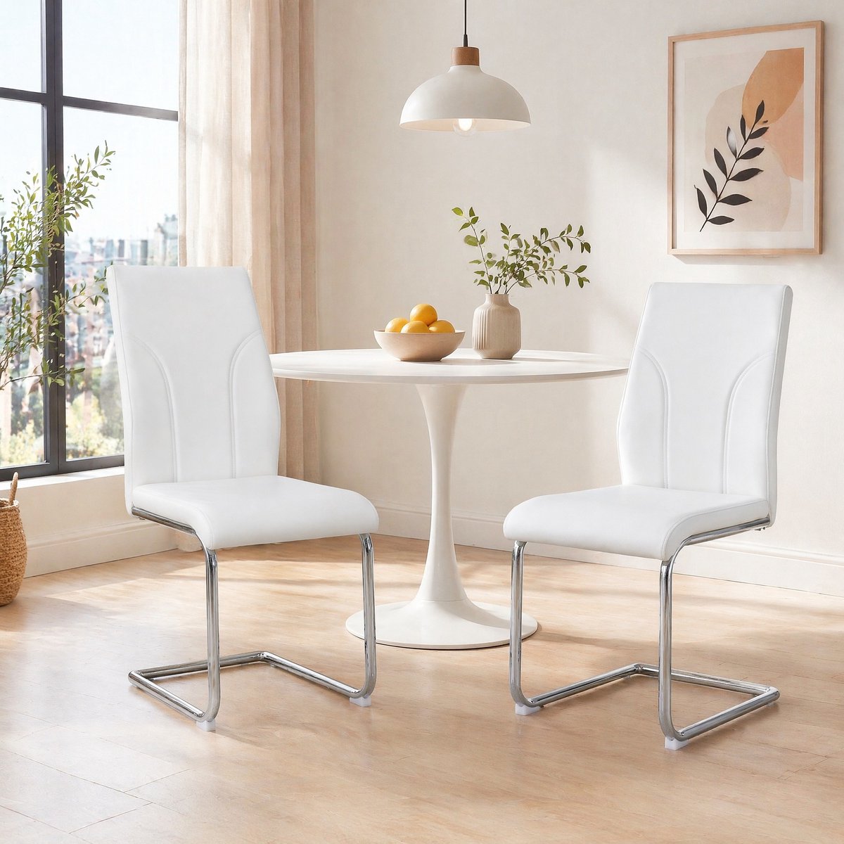 COVREO Eetkamerstoel 40,6x40x90 cm wit, PU, metalen onderstel, set van 2
