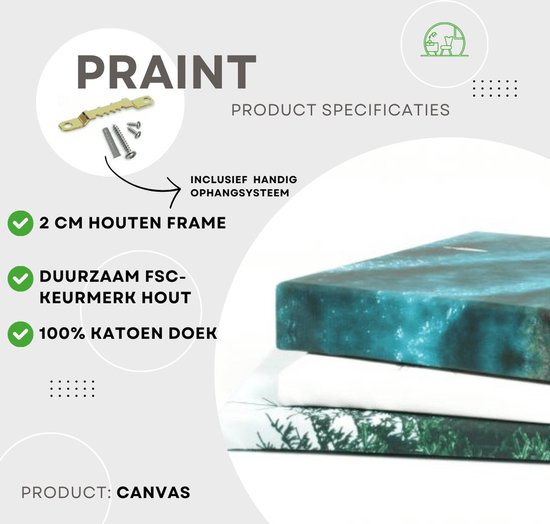 Canvas met 2cm houten frame, duurzaam FSC-keurmerk hout en 100% katoen doek. Inclusief ophangsysteem.
