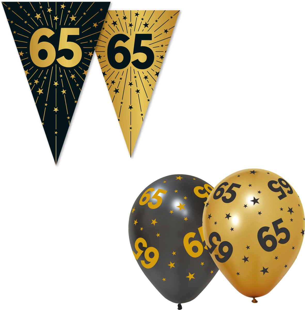Black & Golden Celebrations Feestpakket XL - 65 Jaar - Versiering Set met 3x Vlaggenlijn en 6x Ballonnen - Zwart & Goud