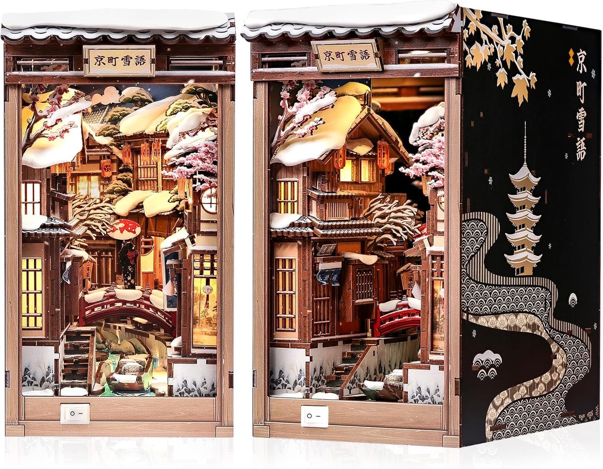 Book Nook Kit - Japans Stijl DIY Miniatuur Poppenhuis Winter, LED-Verlicht Boekenplank Decoratie Straatje Model voor Volwassenen en Jongeren, Cadeau voor de Familie (Kyoto Snow Whisper)