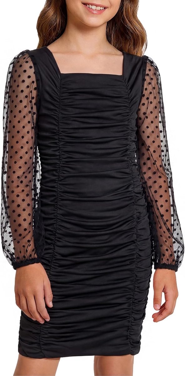 Bodycon jurk voor meisjes, tieners, satijn, lange mouwen, pofmouwen, vierkante kraag, elegante mini-jurk met ruches