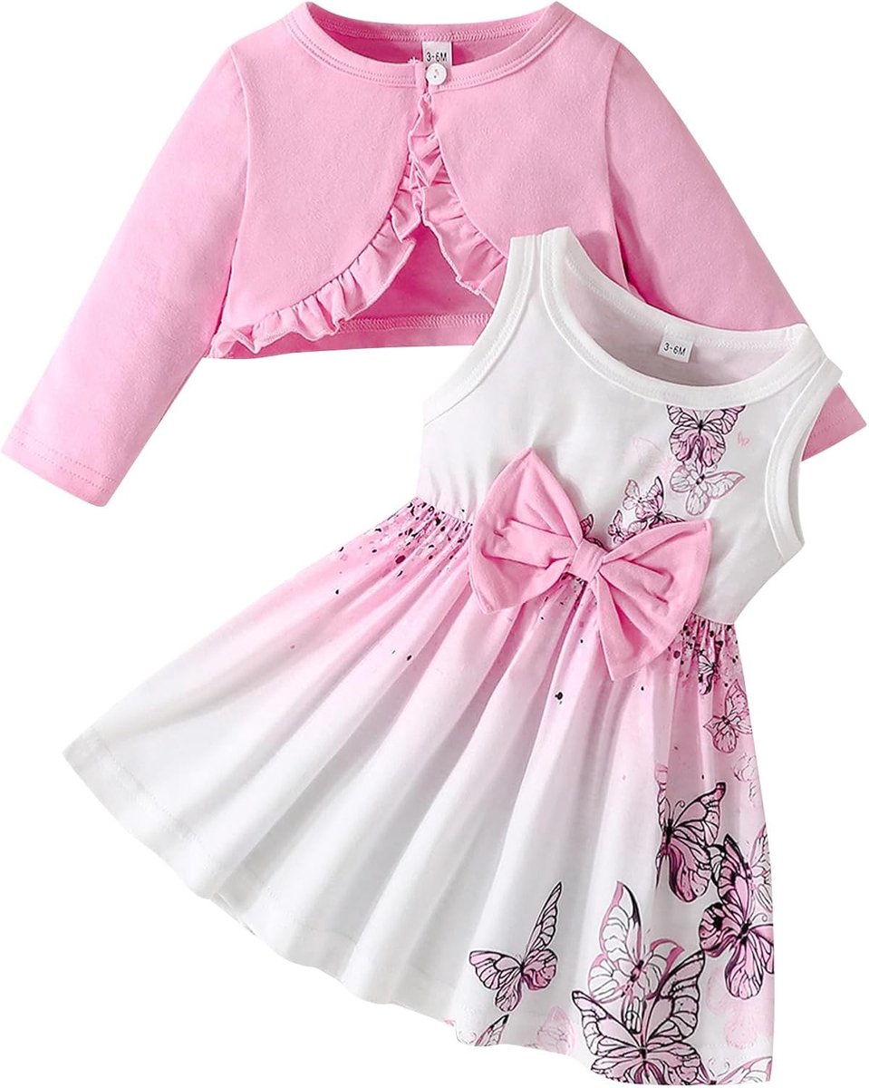 Babyjurk en gebreide jas voor kleine kinderen, met vlinderprint, rok met lange mouwen