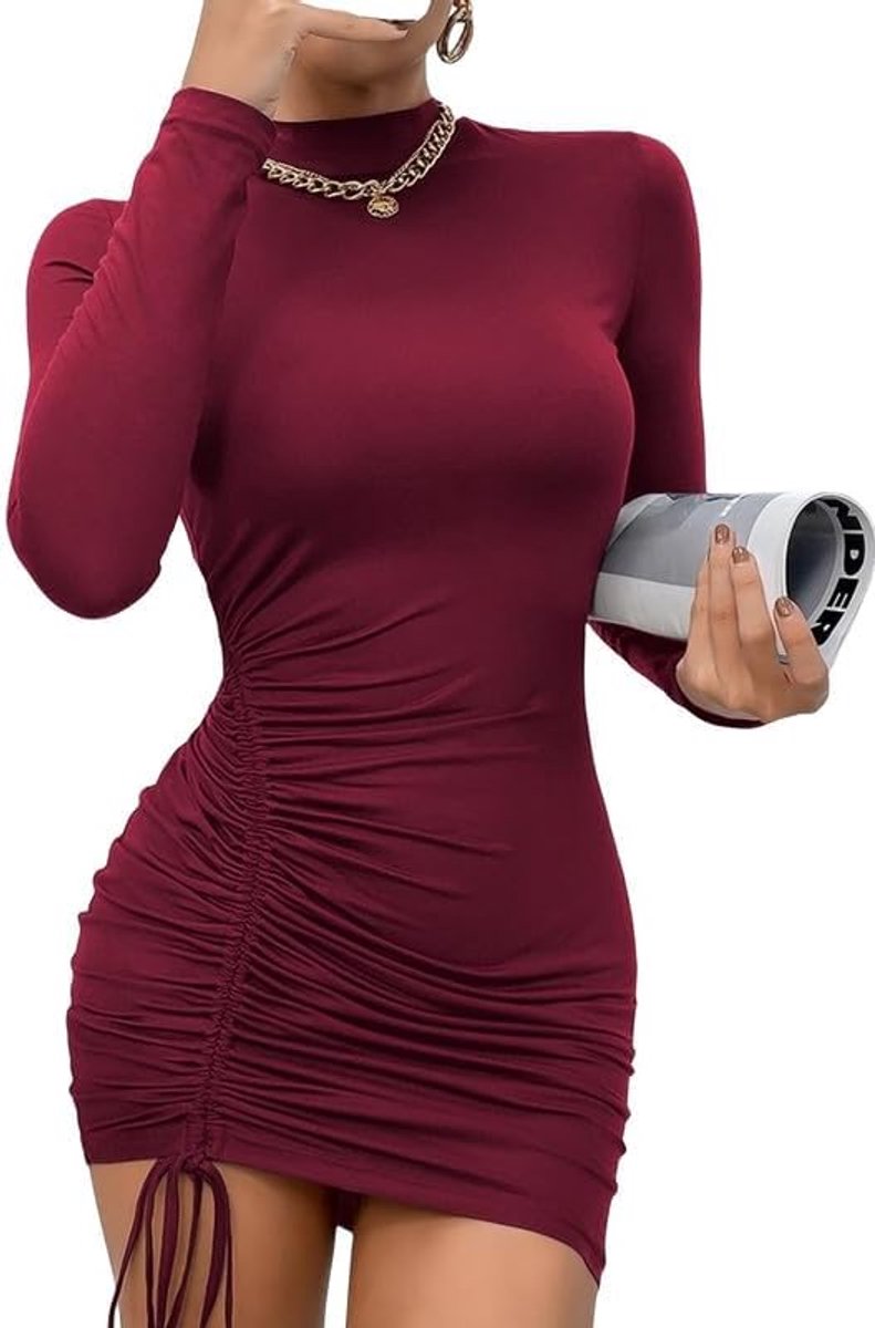 Jurk voor dames, opstaande kraag, bodycon, mini-jurk, lange mouwen, herfstjurk, sexy partyjurk met trekkoord, nauwsluitende stretch, vrijetijdsjurk met trekkoord, modieuze