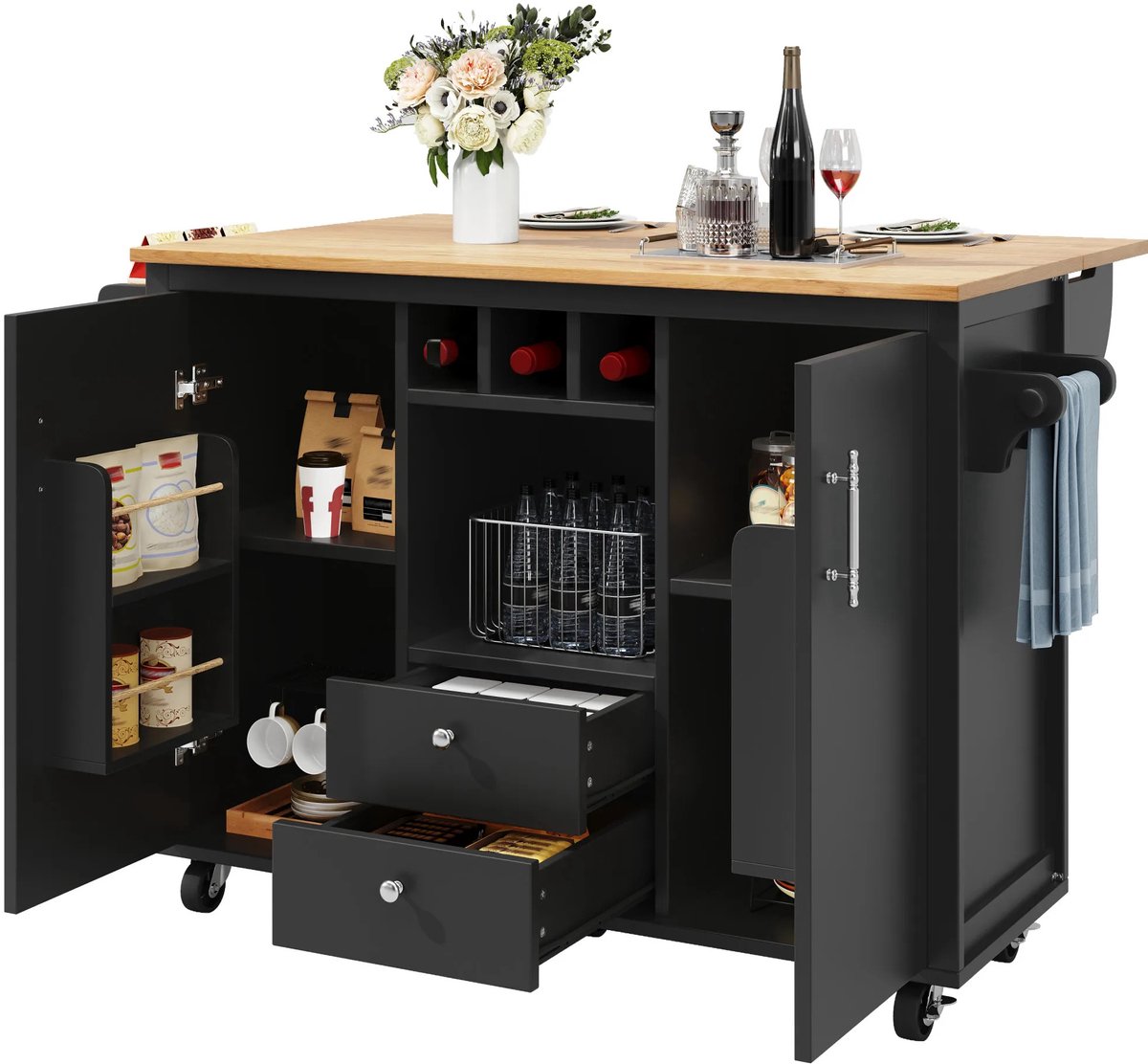 Gudalio Keukeneiland - Keukenkast - Buffetkast - Werkblad keuken - Opklapbaar - Op wielen - Modern - 138x73x92 cm - Hout - Zwart