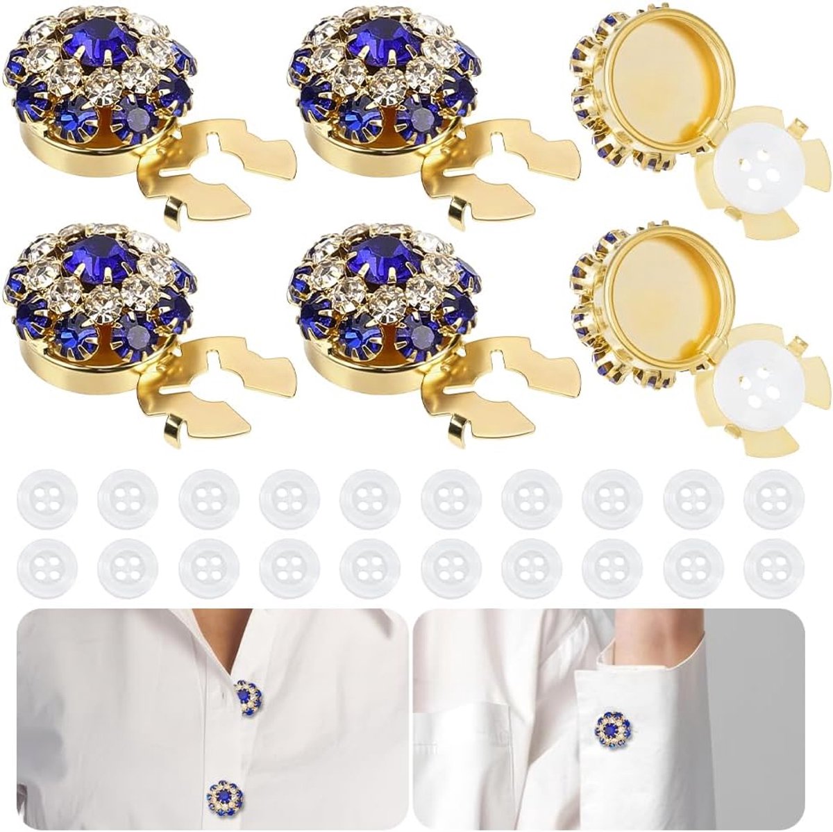 6 stuks knoophoezen voor dames en 20 stuks 4-gaats naaiknoppen, bloem mouw knoppen cover decoratieve knopclips voor jurk pak smoking shirt accessoires, saffier