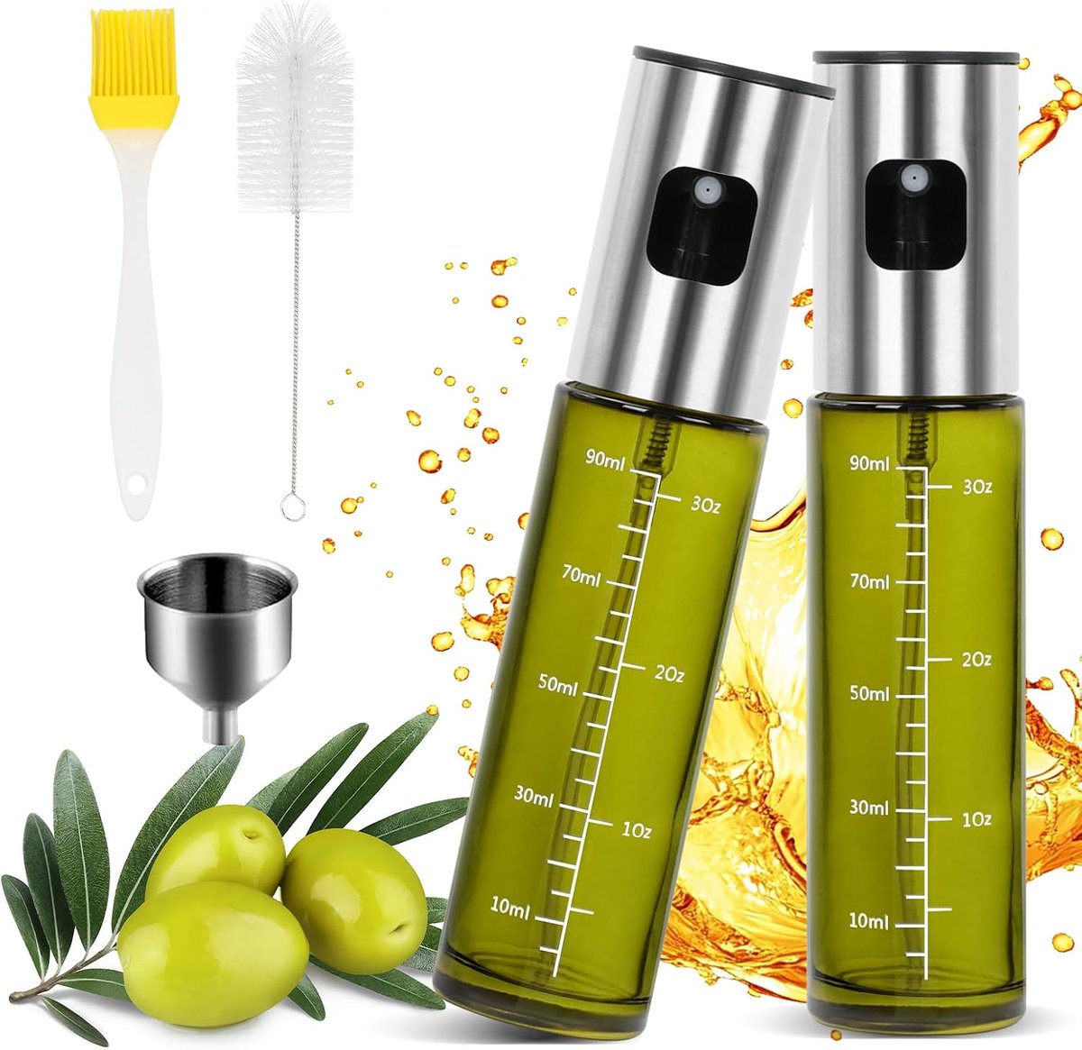 Oliesproeier voor spijsolie, 100 ml oliesproeier voor het koken, uv-bescherming, spuitfles, olie, 304 spuitkop met schaaltrechter, 100% BPA-vrij, olijfoliesproeier voor salades, barbecues