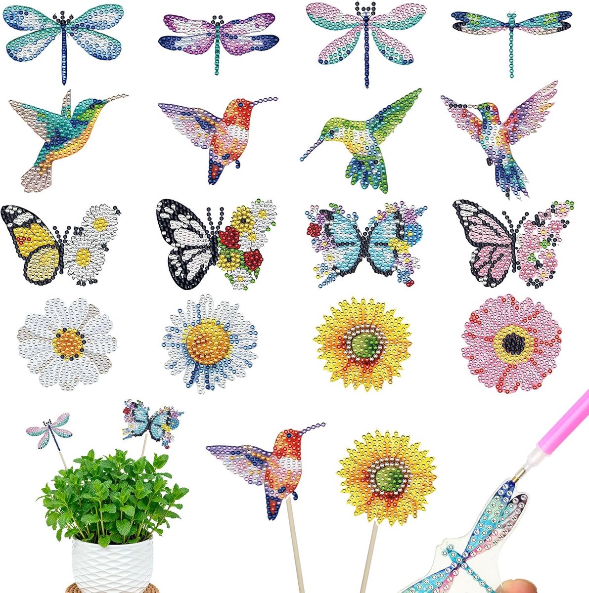 Diamantschilderset, 16 stuks, kolibries, vlinders, libellen, bloemen, knutselset voor kinderen en volwassenen, perfect voor moeders en meisjes.