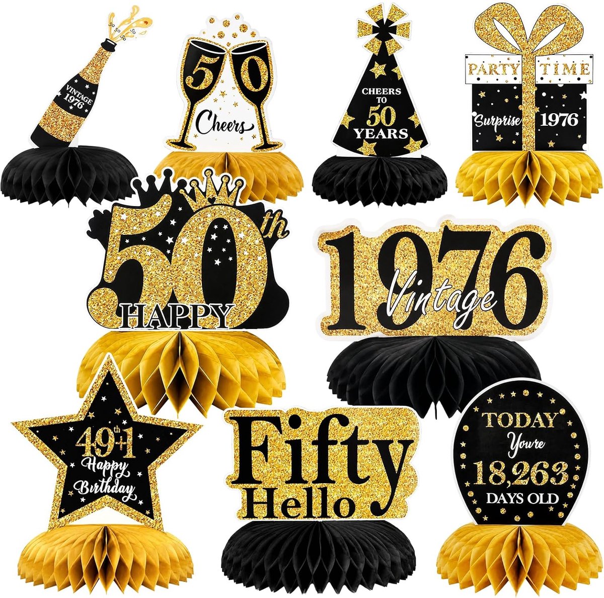 Tafeldecoratie voor de 50e verjaardag, zwart/goud, 9 stuks, honingraatdecoratie, tafelopzetstukken, 50e verjaardagsdecoratie voor mannen en vrouwen