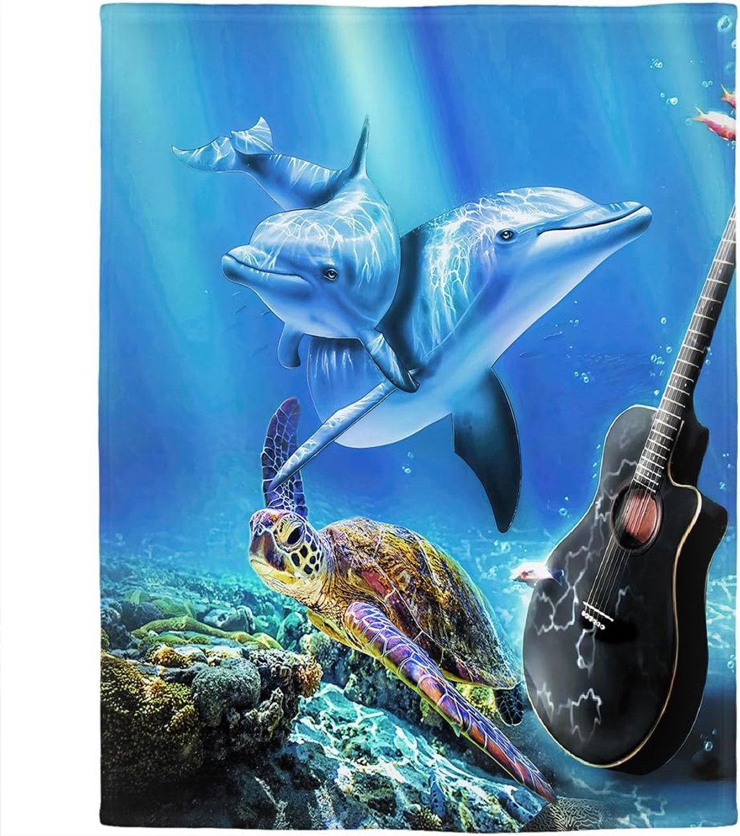 Deken zachte warmte gezellige fleece bankdeken schildpad dolfijn gitaar oceaan 150 x 200 cm