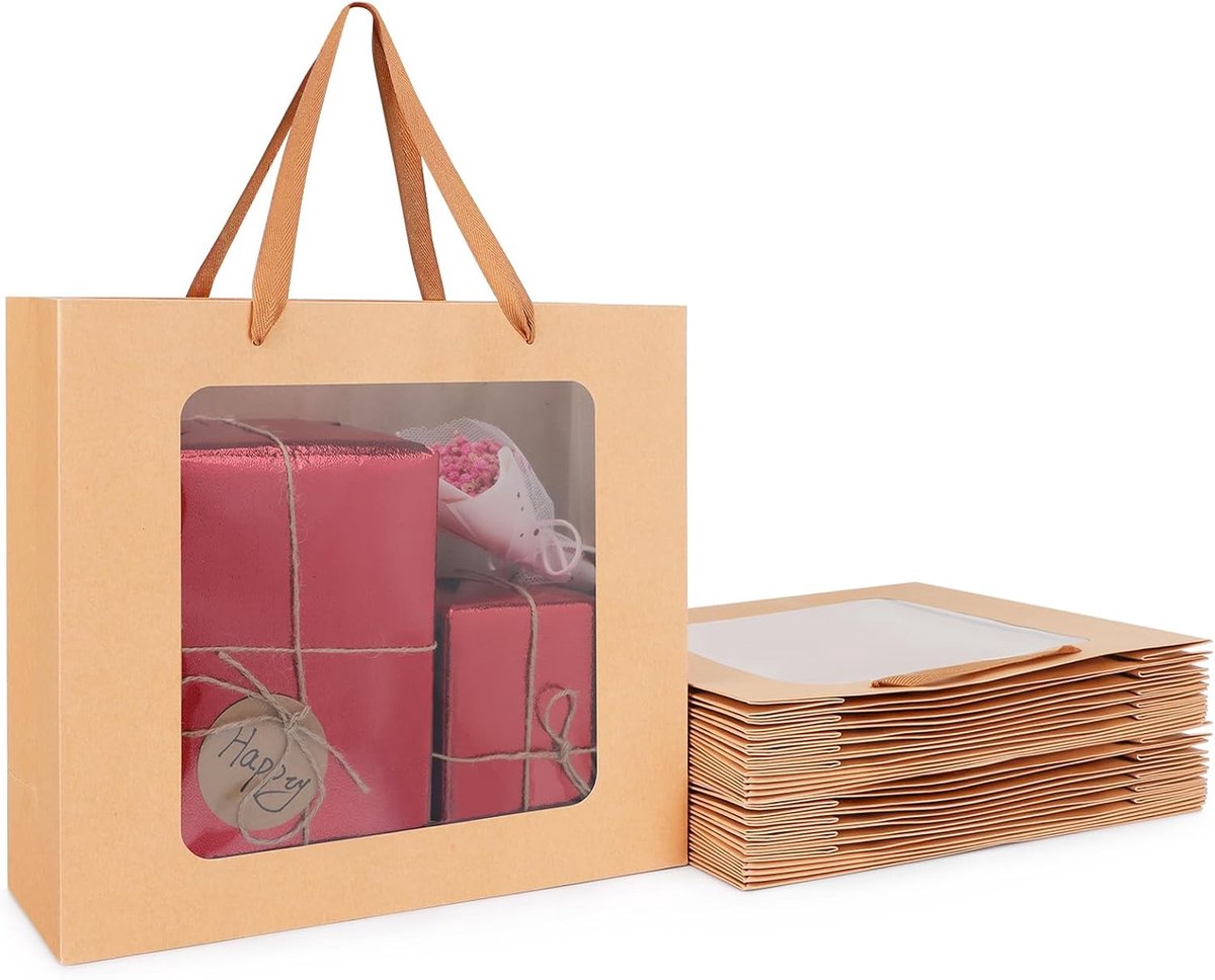 Kraft papieren zakken met handvat - 20 stuks Cadeauzakken met venster - 32x11,5x28cm L groot - 180 g/m² Gift Bags Papieren zakken Bruin Verjaardagsfeest