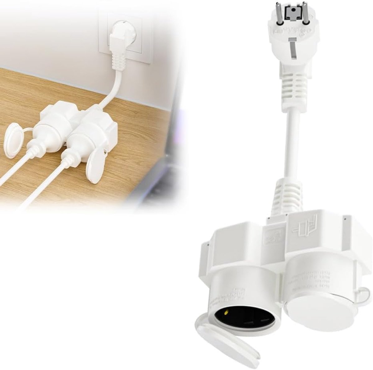 Verlengkabel met 2-voudige Schuko-stopcontacten, dubbele stekker voor stopcontact, dubbel stopcontact, geaard contact, waterdicht IP44, tot 250 V/16 A, dubbele stekker, buiten, voor keuken, thuis en