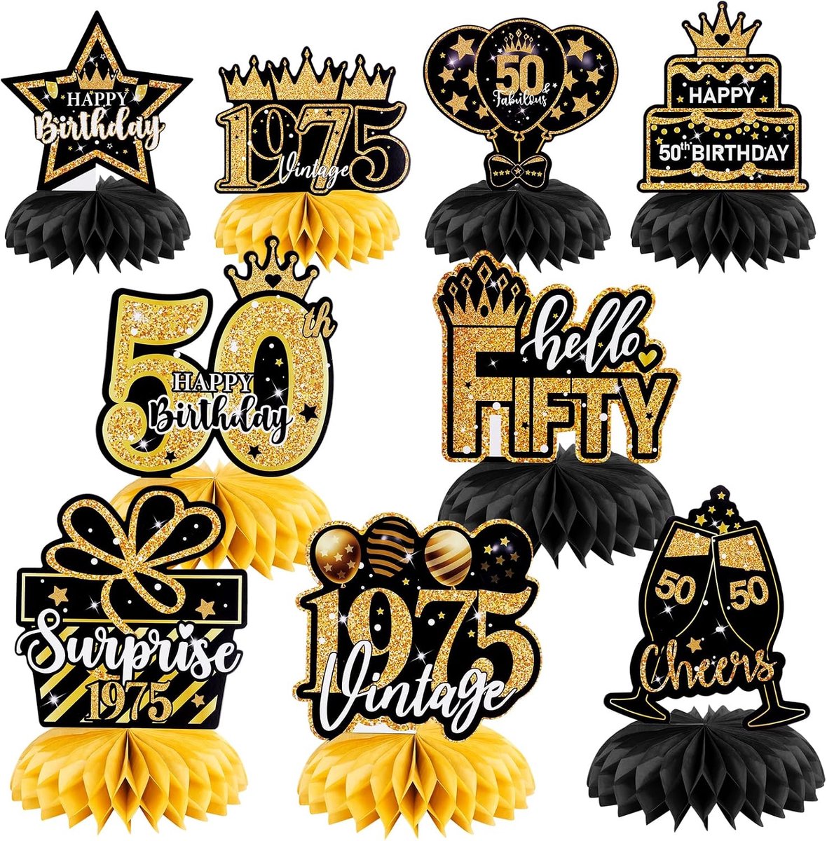 Tafeldecoratie 50e Verjaardag, 9-delige Honingraat Decoratie Tafelmiddenstuk Set, Happy Birthday Decoratie voor 50-jarige Mannen en Vrouwen Dames, Zwart-gouden tafeldecoratie