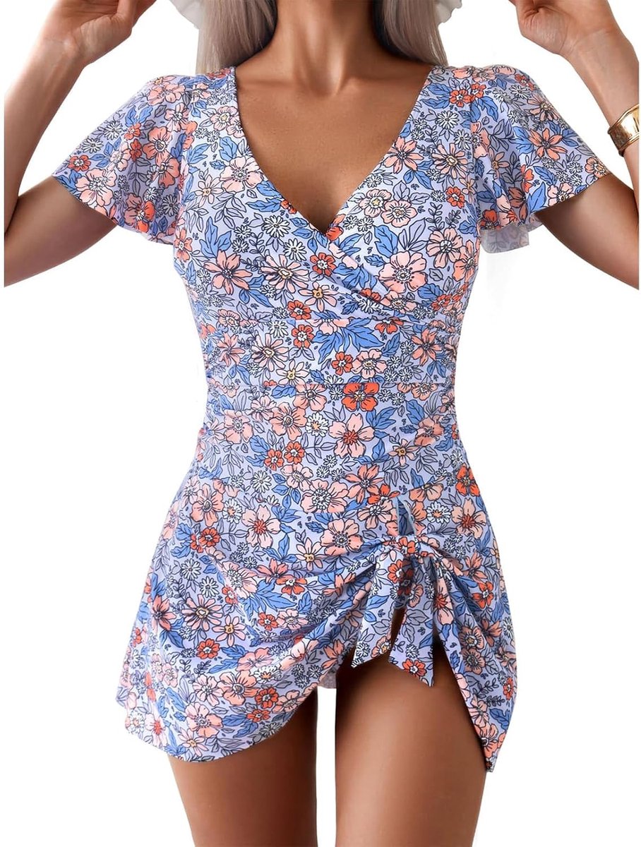 Eendelig badpak voor dames met buikcontrole en V-hals, gekrulde mouwen, knopen aan de voorkant, elegante korte bikini