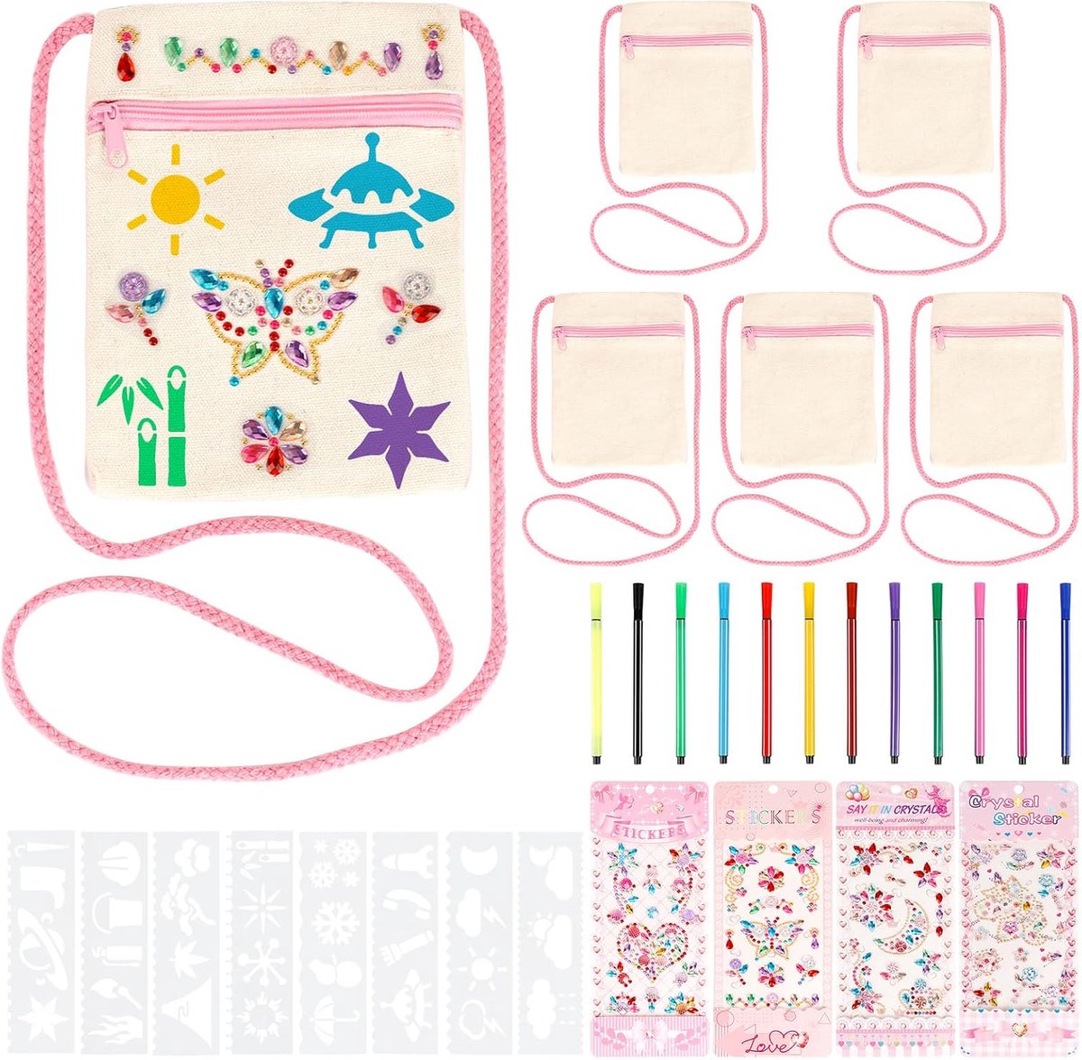 6 stoffen zakjes voor kinderen met ritssluiting, doe-het-zelf stoffen zakjes in wit met 8 sjablonen + 12 pennen + 4 stickers, schilderzakjes voor reizen, school, opslag (roze)