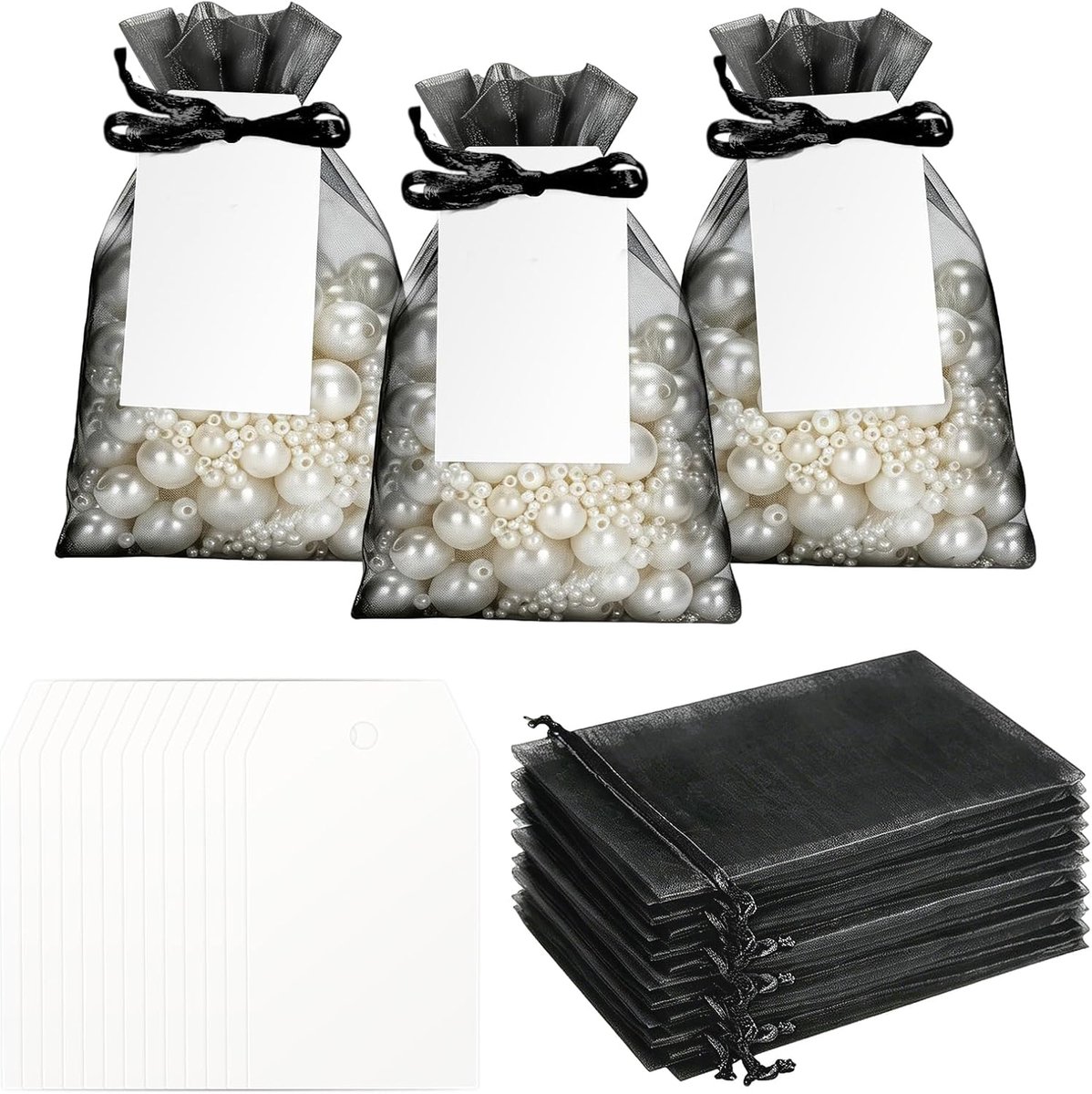50 zwarte organzazakjes met cadeaulabels, 10 x 15 cm, met witte papieren etiketten van 4 x 7 cm, ideaal voor bruiloften, gastgeschenken, feesten en sieraden