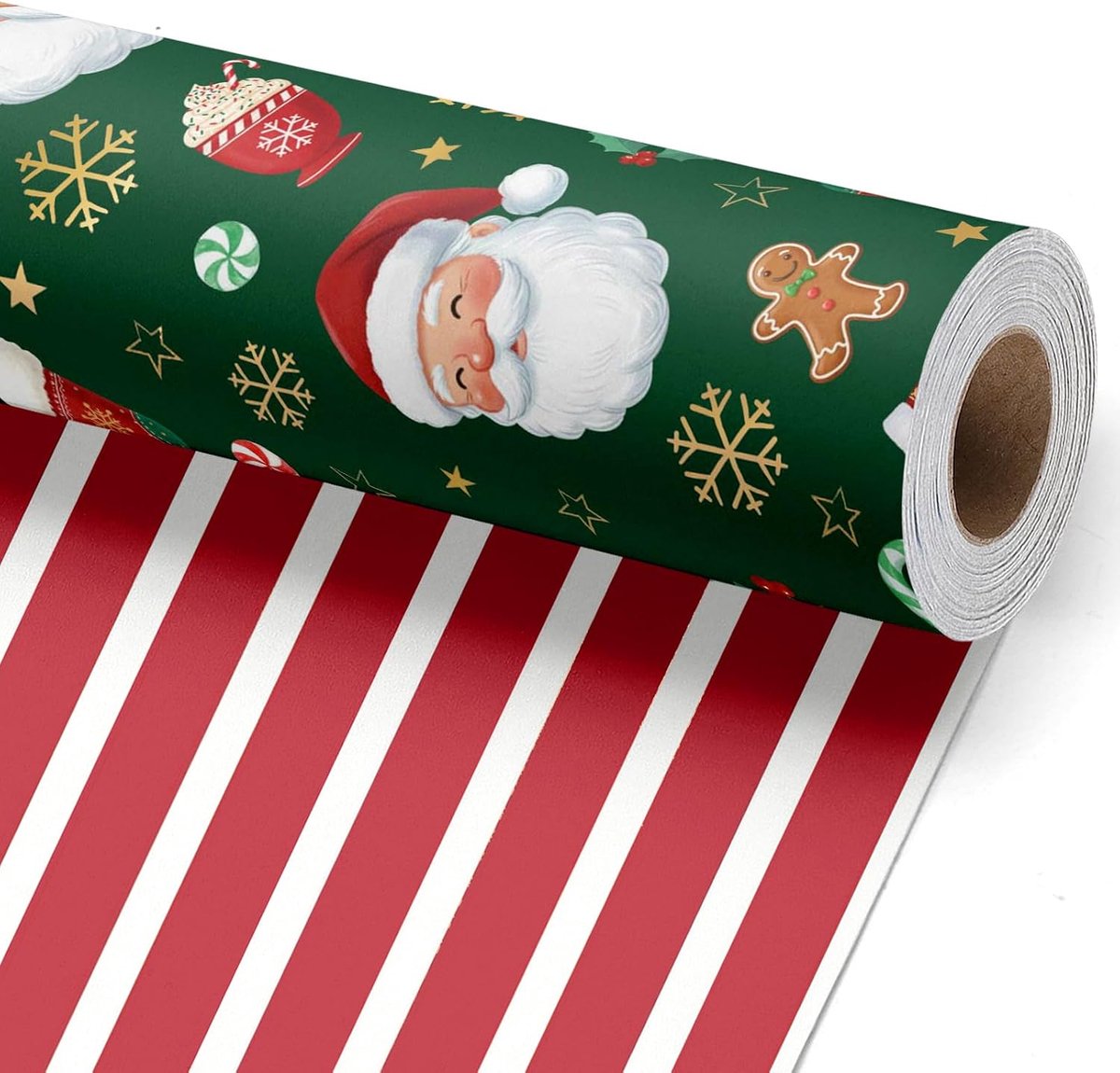 Omkeerbaar kerstpapier, 43 cm x 10 m (4,3 m²), groen kerstman-peperkoek-design en rood-witte strepen voor Kerstmis, feesten, feestdagen en feesten