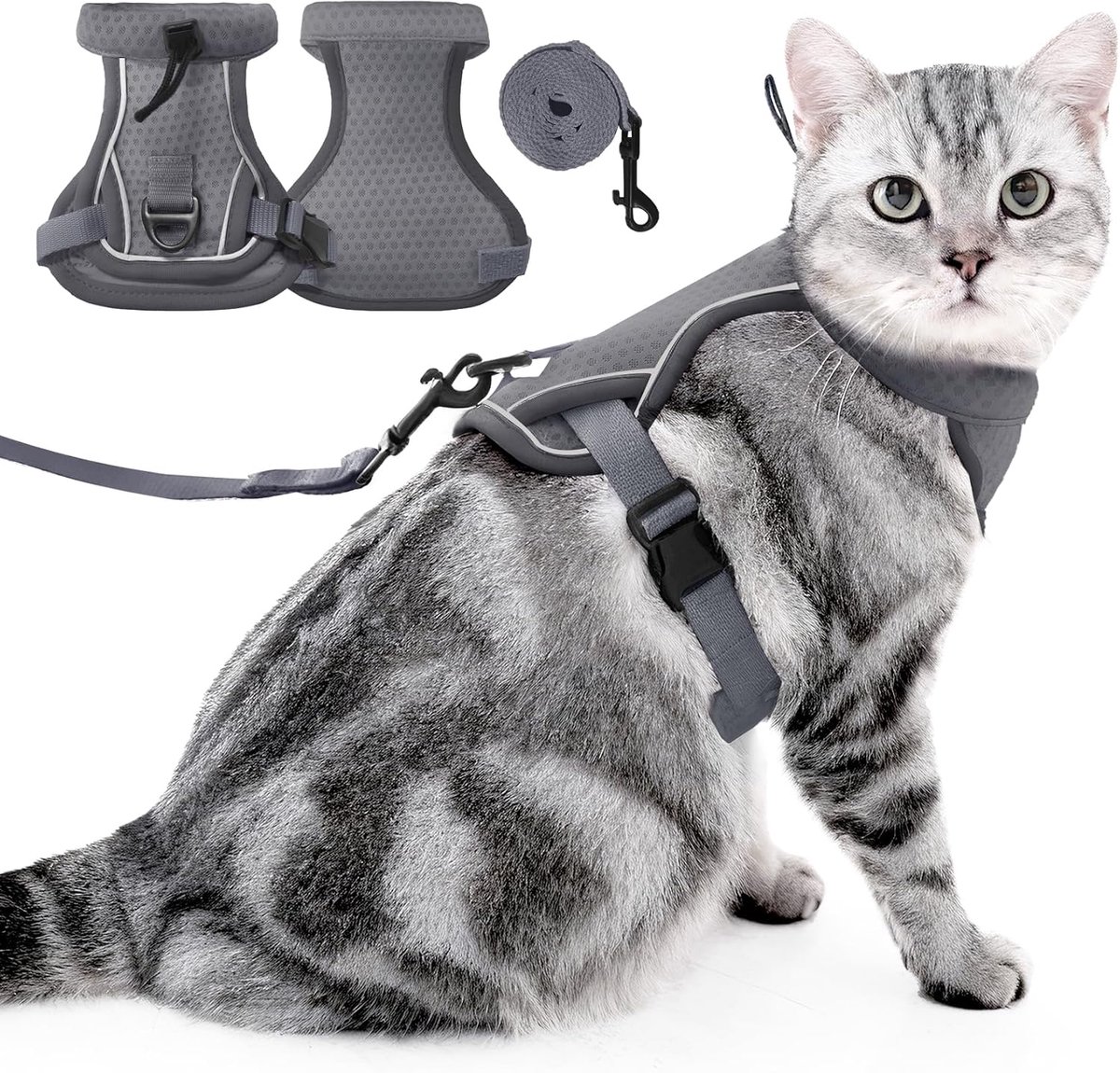 Kattenharnas en Riemset-Ontsnappingsbestendig, Verstelbaar Ademend Tuigje met Reflecterende Strepen, Veilig Lopen, Wandelen voor Kleine Middelgrote Grote Katten reis Kitten Halsband (Grijs, S)