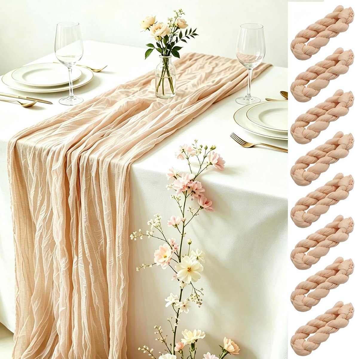 Tafellopers, 90 x 300 cm, kaasdoek, mousseline look met gekreukte textuur, boho voile tafeldecoratie voor bruiloft, feest, evenement en gastronomie (beige)