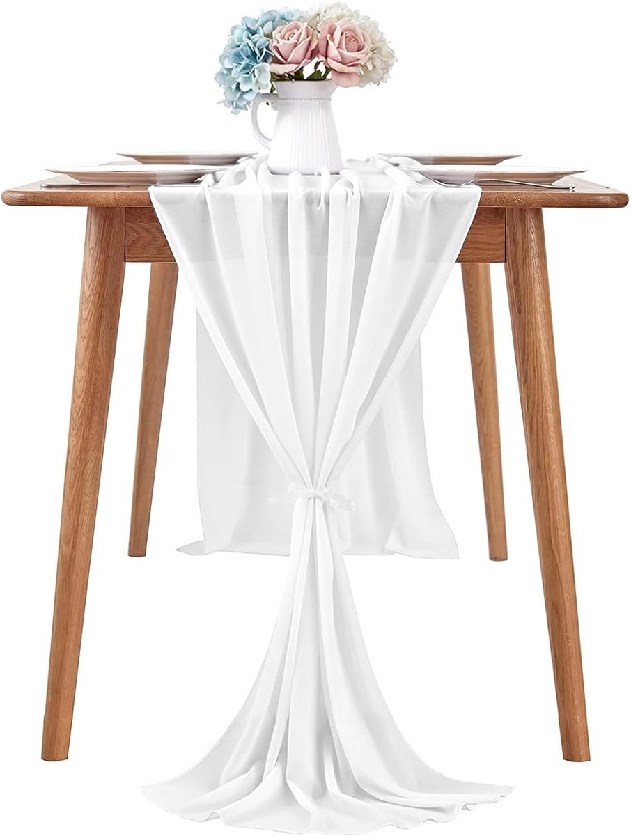Tafelloper, 300 x 70 cm tafelloper chiffon decoreren, zeer dunne tafelloper, delicate tafeldecoratie voor verjaardagen, bruiloften, bruidsfeesten, babyfeestjes, feestdecoraties (wit)