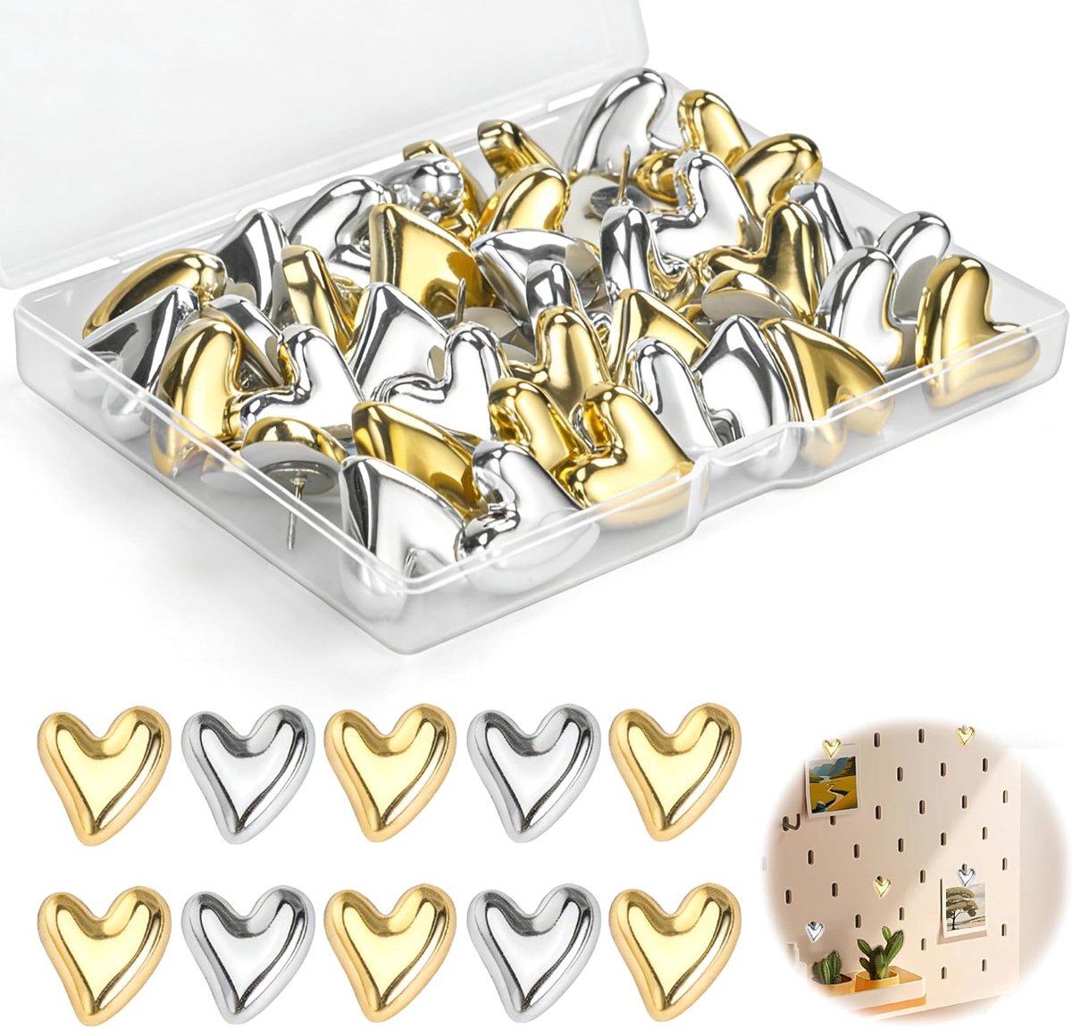 30 stuks hartvormige spelden met kleurrijke koppen, hartvormige oorbellen, metaal, glanzende oorstekers, hartvormig, punaises, decoratieve punaises, punaises, voor thuis, school, kantoor, push-pins