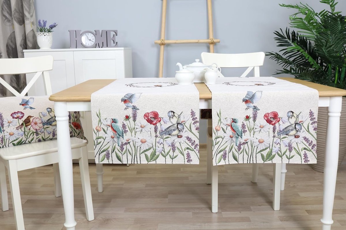 Tafelloper, lente, zomer, afwasbaar, stof, 140 x 45 cm, 100% jacquard tapijt, tafelloper, loper, tafel voor eetkamer, verjaardag, boerderij, keuken, tafeldecoratie - vogels