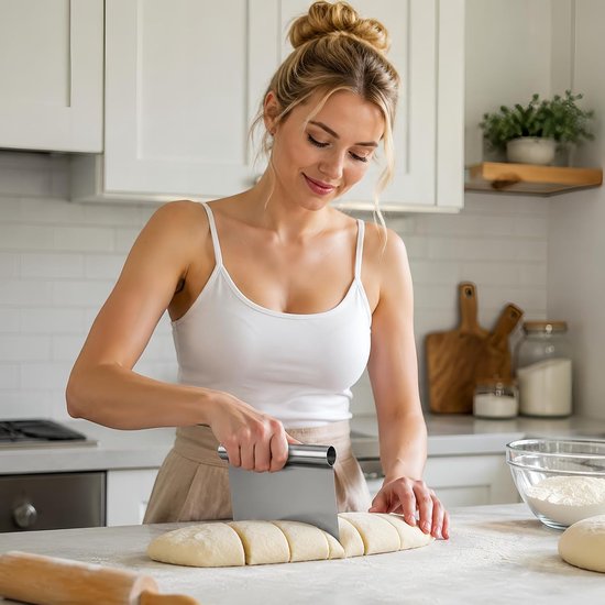 2 stuks roestvrijstalen deegsnijders, groot, met maatschaal, deegkaart en deegspatel van roestvrij staal, multifunctionele taartschraper voor bakken, pizza, cake en keuken, nauwkeurig en robuust — afbeelding 5
