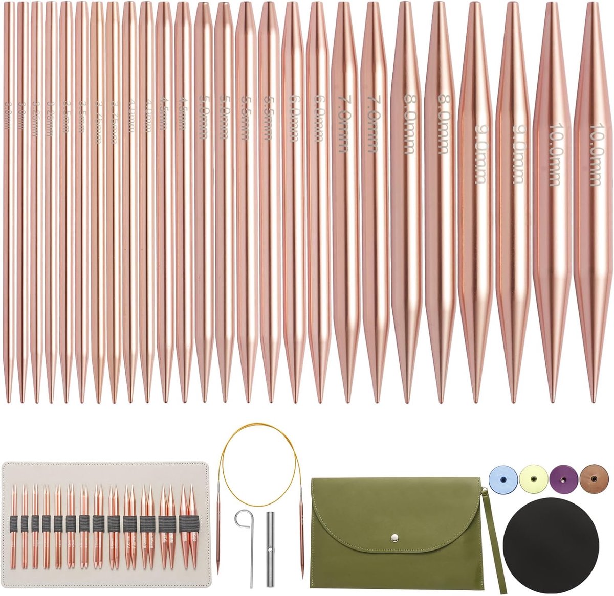 Verwisselbare rondbreinaaldenset, 13 paar 3,0-10,0 mm cirkelbreinaalden, breinaalden, met tas met 4 touwen, geschikt voor breiprojecten, beginners en professionals, aluminium (roségoud)