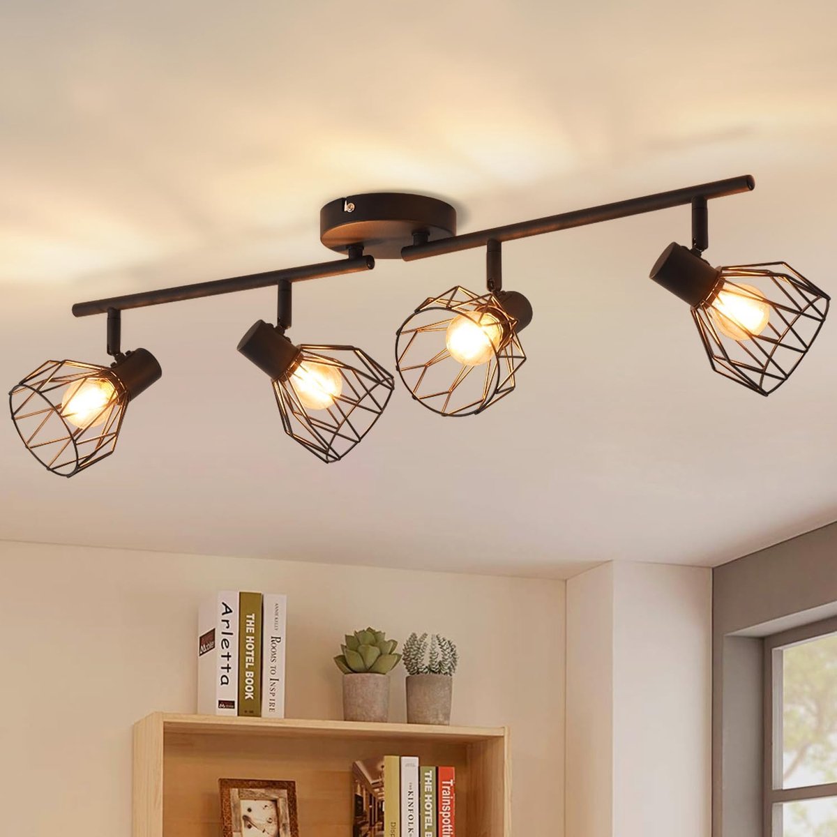 Keukenverlichting Plafond, 4-weg zwarte lounge industriële wandlampen - verstelbare schijnwerpers plafondverlichting draadkooi met E14-basis, verlichtingsarmaturen plafonds voor keuken woonkamer