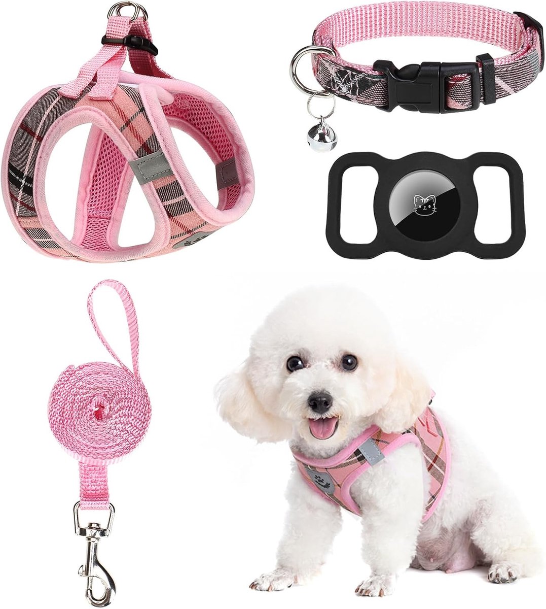Puppy harnas met riem - kleine hondenhalsband en riem - klassiek geruit verstelbaar klein hondenvest harnassen geen trek, reflecterend ontsnappingsbestendig voor buiten wandelen, roze,