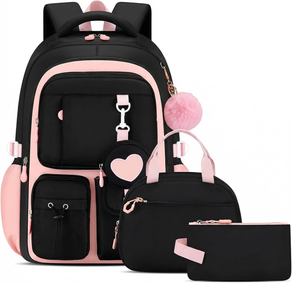 Schooltas voor meisjes, 4-delig, schoolrugzak voor tieners van de 3e - 7e klas, Kawaii schooltas met lunchtas, pennenetui, middelbare school, 23 liter, zwartroze, 30 x 17 x 45 cm, Rugzak