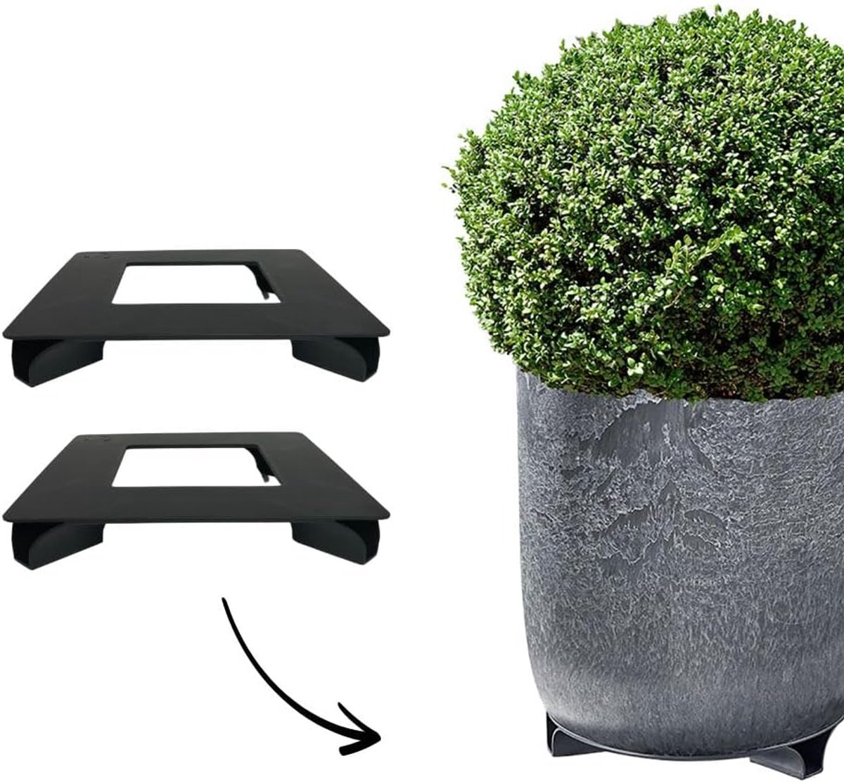 Set van 2 onderzetters voor bloempotten, kleur: zwart, vierkant, 27 x 27 cm, onderzetter bloempot, gerecycled materiaal, Made in Germany