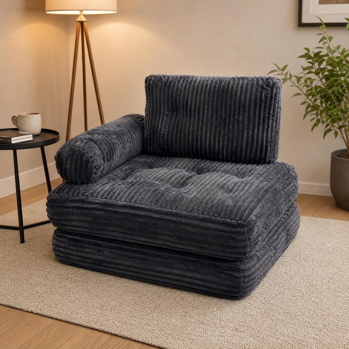 Opvouwbare slaapbank met armleuningen, kussens en matras met rugleuning, draagbaar bed voor woonkamer, slaapkamer en gasten, donkergrijs