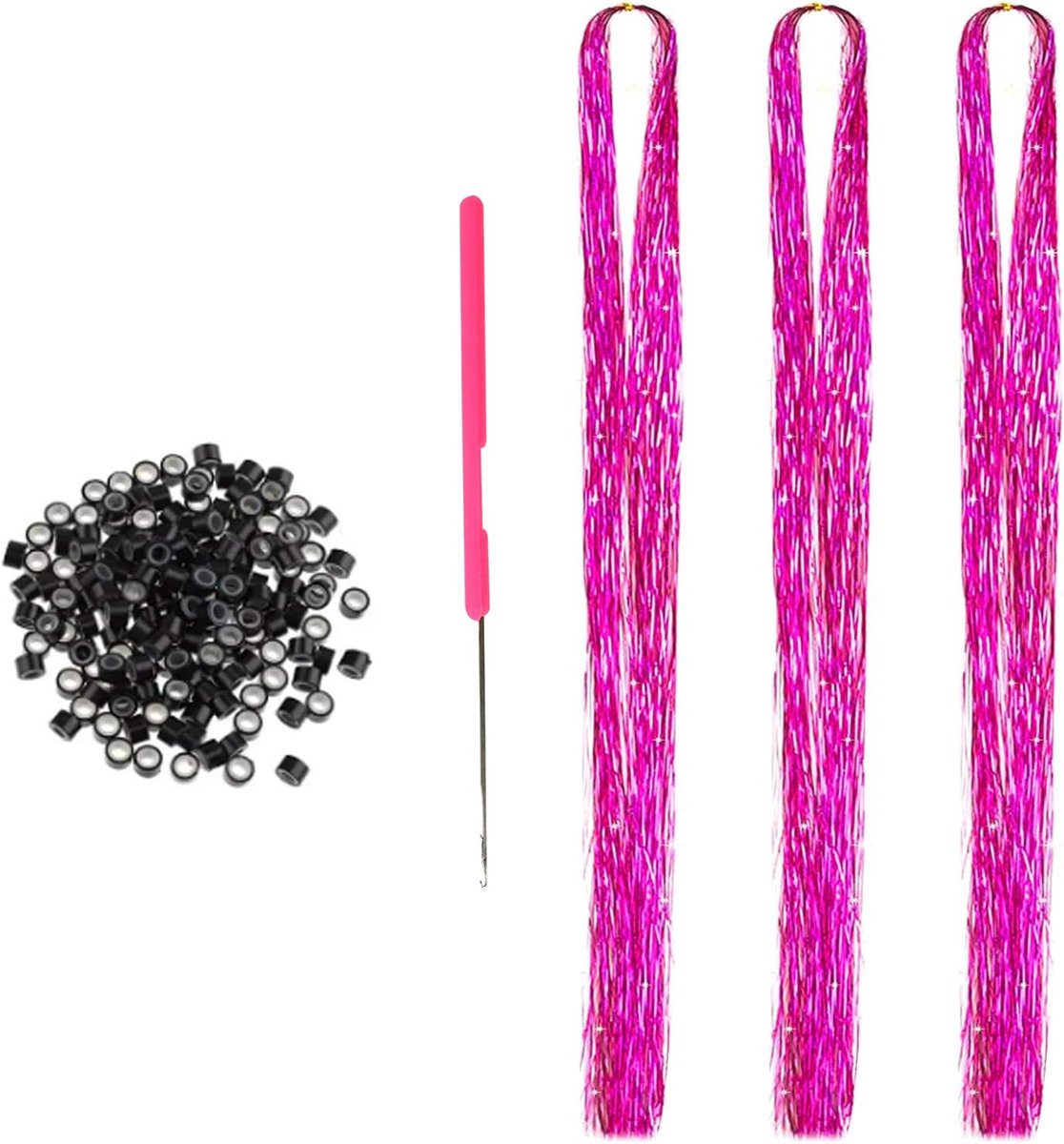Hair Tinsel Extensions 600 Strengen met Gereedschap, Sprankelend Glanzend Haar Klatergoud Kit, Hittebestendige Glitter Klatergoud Hair Extensions voor Vrouwen Meisjes 121 cm