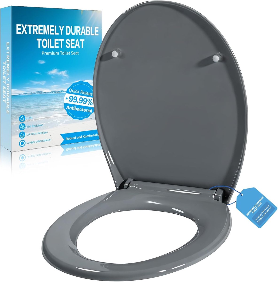 Wc-bril met softclosemechanisme, wc-deksel, ovale vorm, hoogwaardige en stabiele antibacteriële toilet, met Quick Release-functie, eenvoudige montage, stabiel tot 250 kg (ovale vorm, grijs)