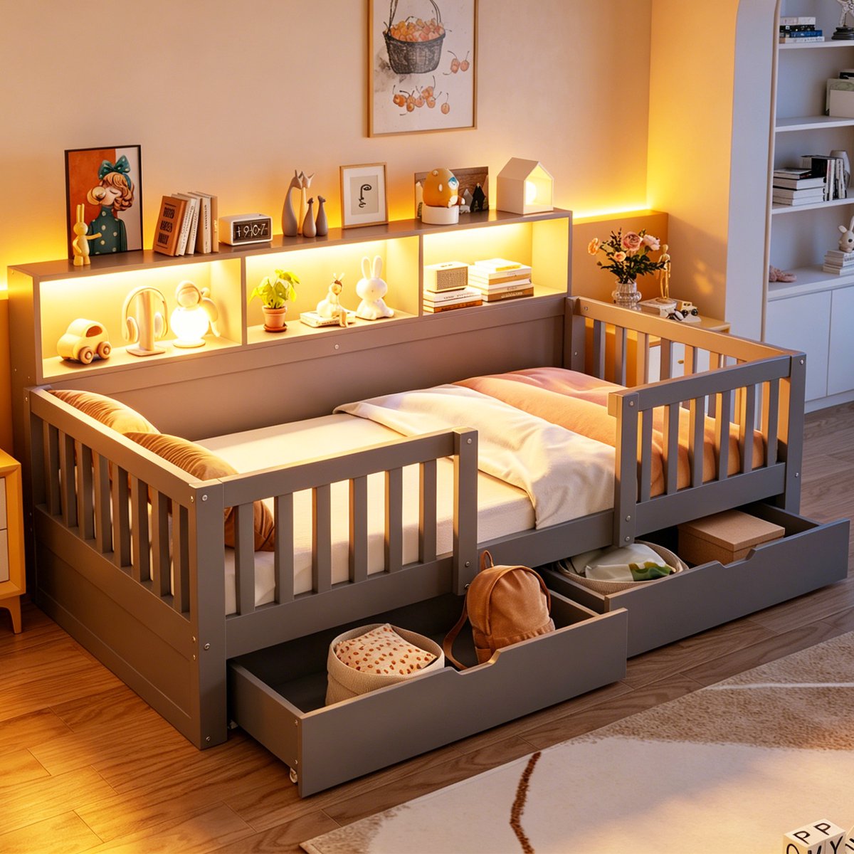 VVBV Kinderbed 90x200 cm - Uitvalbeveiliging, Opbergruimte, LED-Verlichting, Met Lades - Grijs, Hout