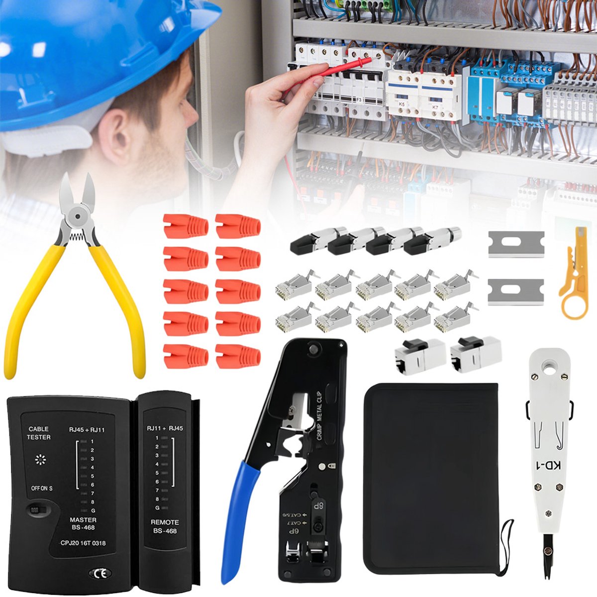 RJ45 Krimptang Set - Netwerktester Kit - CAT5 / CAT5E / CAT6 / CAT6A / CAT7 / CAT7A Interfaces - Inclusief Etui