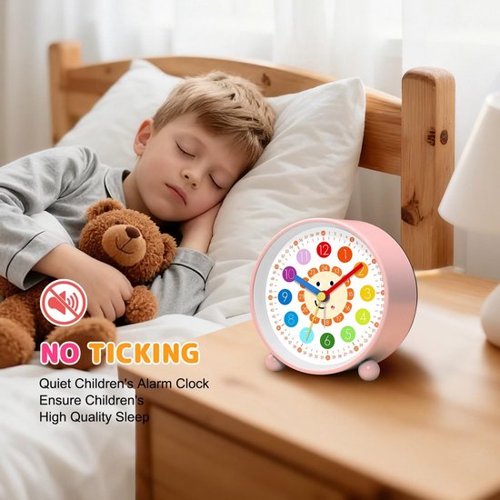 Kinderwekker Analoge Klok - Leerwekker Kinderen - Tijd Leren Lezen - Geruisloos Uurwerk - 10 x 10 cm - Roze — afbeelding 3