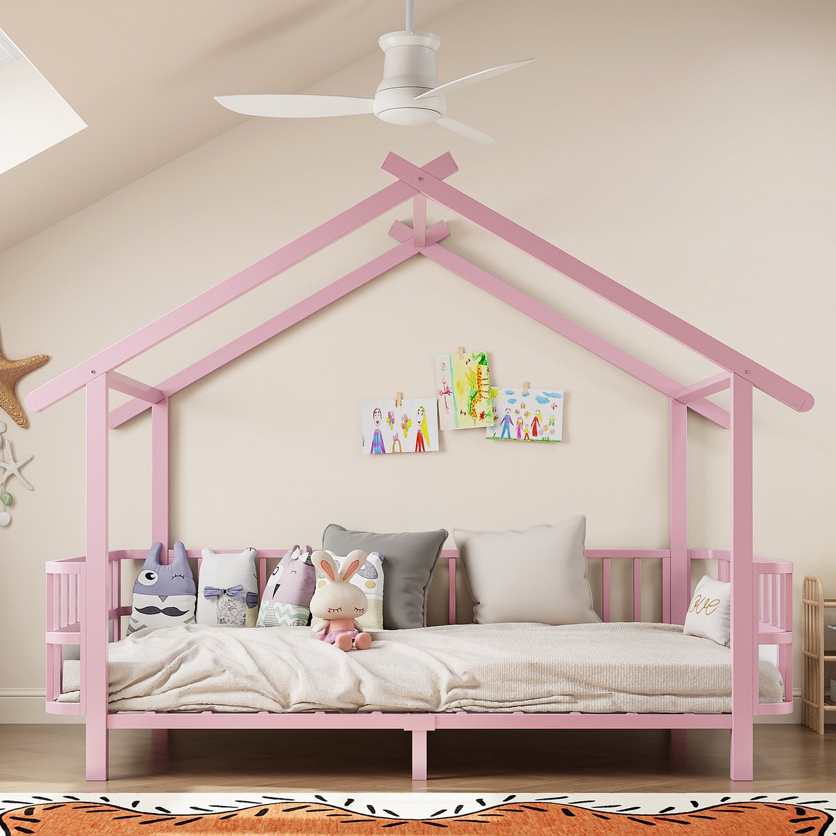 VVBV Kinderbed 90x200 cm - Uitvalbeveiliging, Huisvorm, Stabiel Metalen Frame - Roze, Metaal