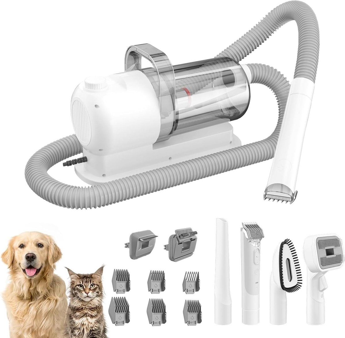 Trimsalon Stofzuiger voor Huisdieren - 6-in-1 - met Trimmer & Borstel - 2.5L Opvangbak - voor Honden & Katten - voor Eigenaren - Zwart/Grijs - 1 Set