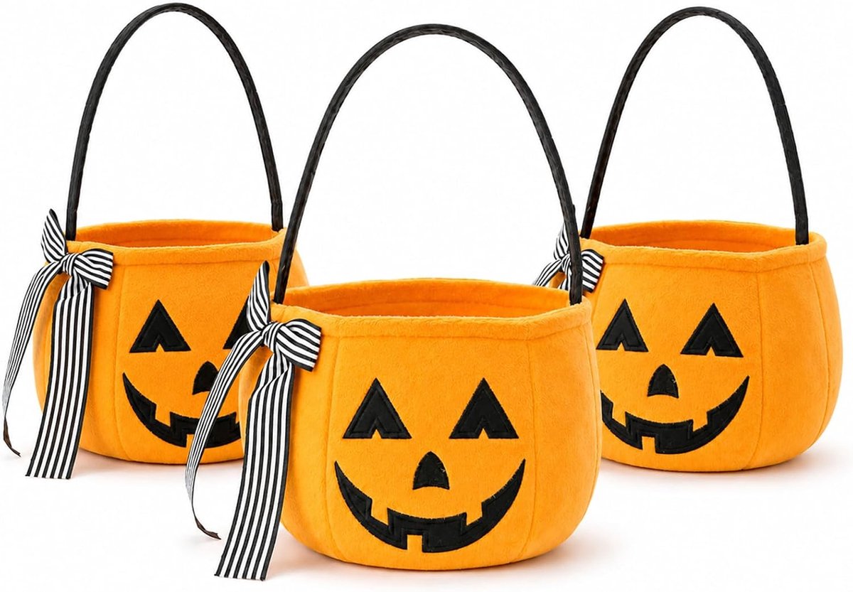 3-delige Halloween snoepmandenset - met strik - Geborduurd pompoenlantaarnpatroon - Perfect voor trick-or-treat - feestjes en cadeaus