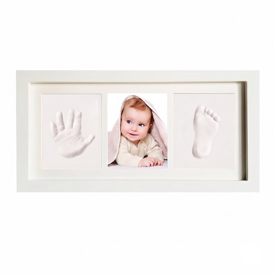 Baby Handafdruk Voetafdruk Herinneringslijst-35x18-Wit Fotolijst Met Witte Klei-Pasgeboren Baby Mijlpaal Herinnering -Kraamcadeau Maandfeest Decoratie — afbeelding 4